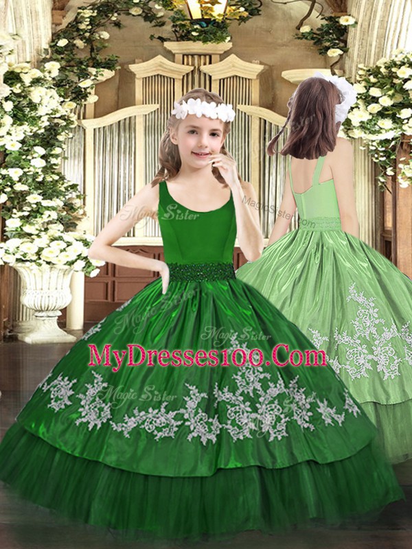 Green Ball Gowns Beading and Appliques 15th Birthday Dress Zipper Organza Sleeveless Floor Length