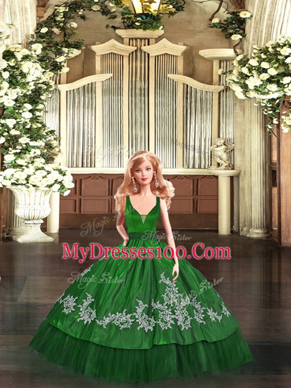 Green Ball Gowns Beading and Appliques 15th Birthday Dress Zipper Organza Sleeveless Floor Length