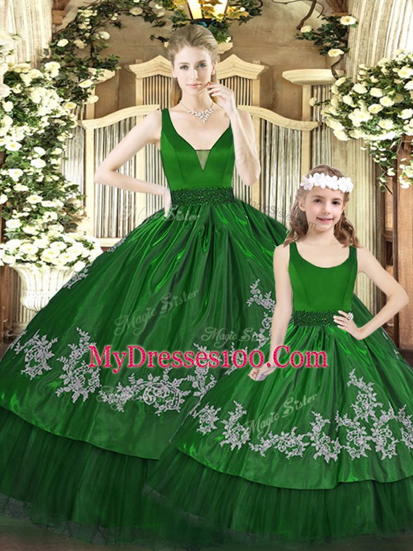 Green Ball Gowns Beading and Appliques 15th Birthday Dress Zipper Organza Sleeveless Floor Length