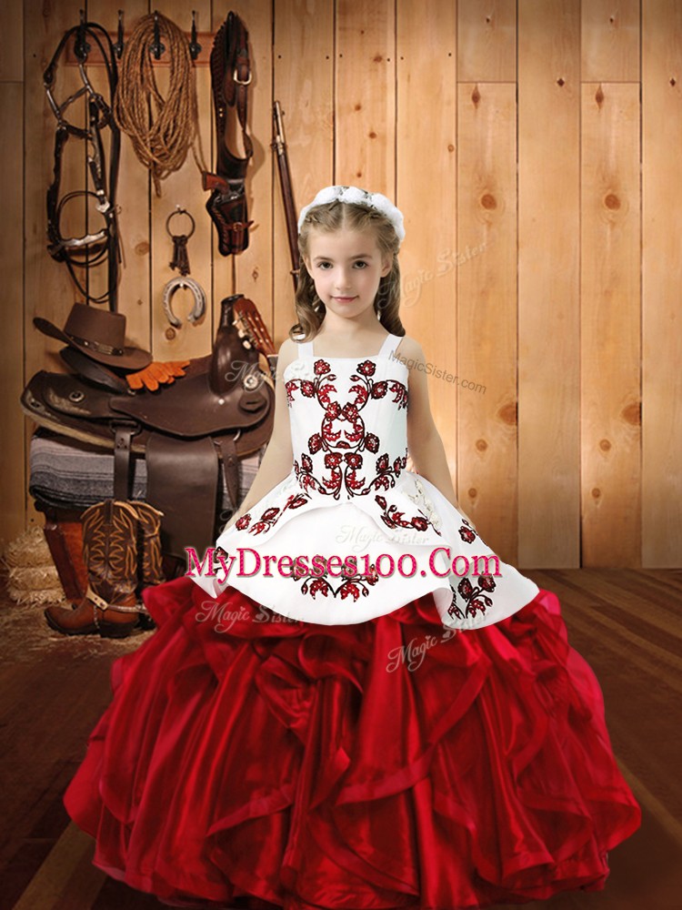 Trendy Wine Red Pageant Dresses Sweet 16 and Quinceanera with Embroidery and Ruffles Straps Sleeveless Lace Up