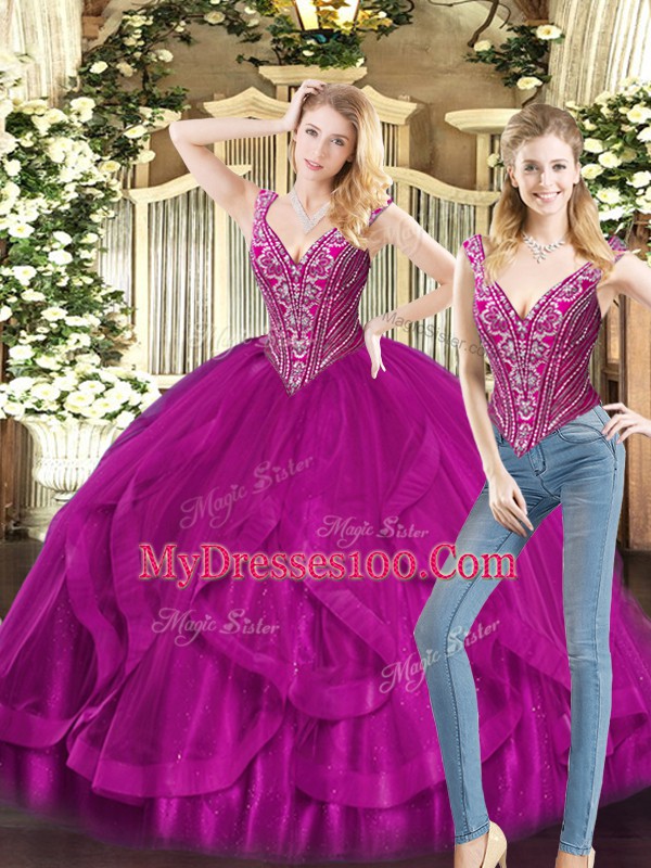 Fuchsia Lace Up V-neck Beading and Ruffles Sweet 16 Dress Organza Sleeveless