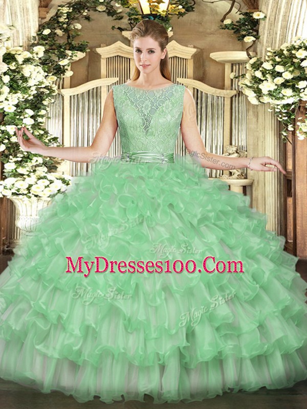 Ideal Scoop Sleeveless Backless 15 Quinceanera Dress Apple Green Tulle