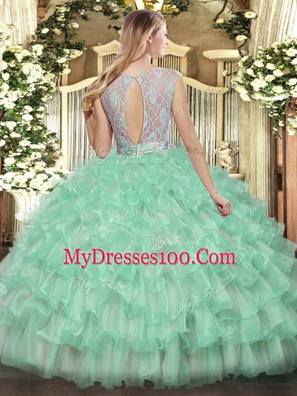 Ideal Scoop Sleeveless Backless 15 Quinceanera Dress Apple Green Tulle