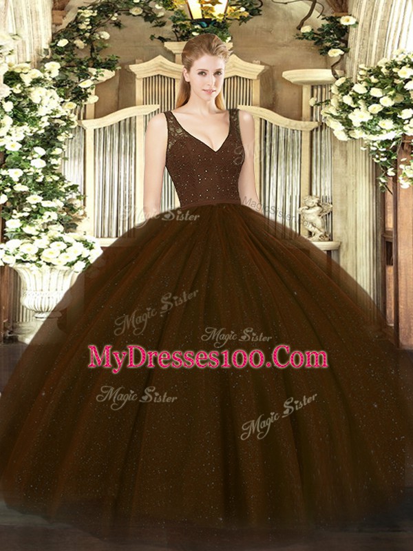 Attractive V-neck Sleeveless Backless Quinceanera Dress Brown Tulle