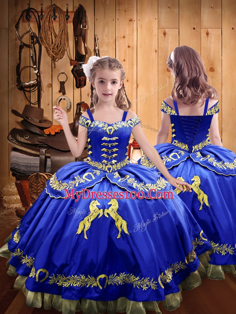 Floor Length Royal Blue Little Girl Pageant Dress Off The Shoulder Sleeveless Lace Up