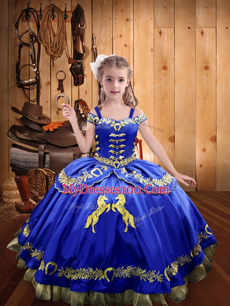Floor Length Royal Blue Little Girl Pageant Dress Off The Shoulder Sleeveless Lace Up