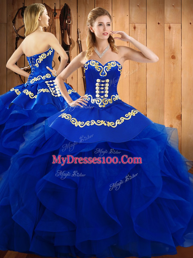 Free and Easy Blue Ball Gowns Satin and Organza Sweetheart Sleeveless Embroidery and Ruffles Floor Length Lace Up 15 Quinceanera Dress