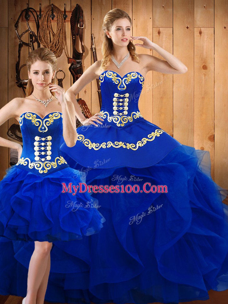 Free and Easy Blue Ball Gowns Satin and Organza Sweetheart Sleeveless Embroidery and Ruffles Floor Length Lace Up 15 Quinceanera Dress