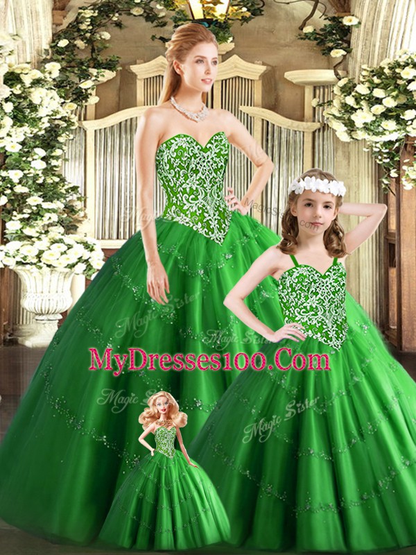 Stunning Sleeveless Floor Length Beading Lace Up Sweet 16 Dresses with Green