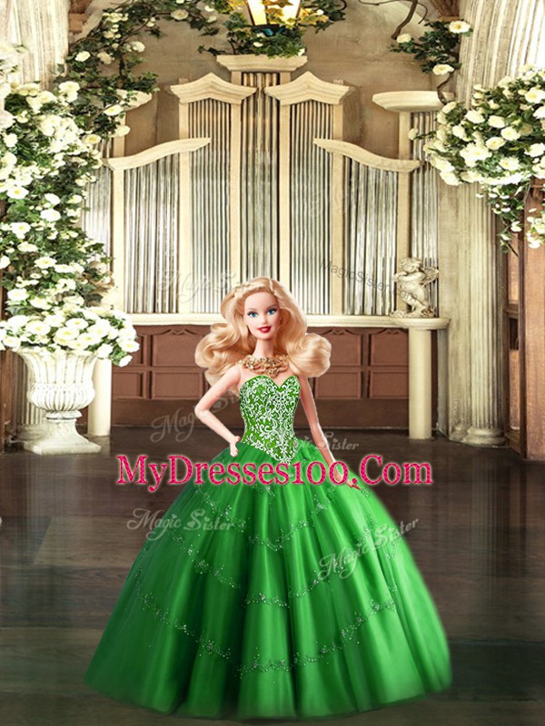 Stunning Sleeveless Floor Length Beading Lace Up Sweet 16 Dresses with Green