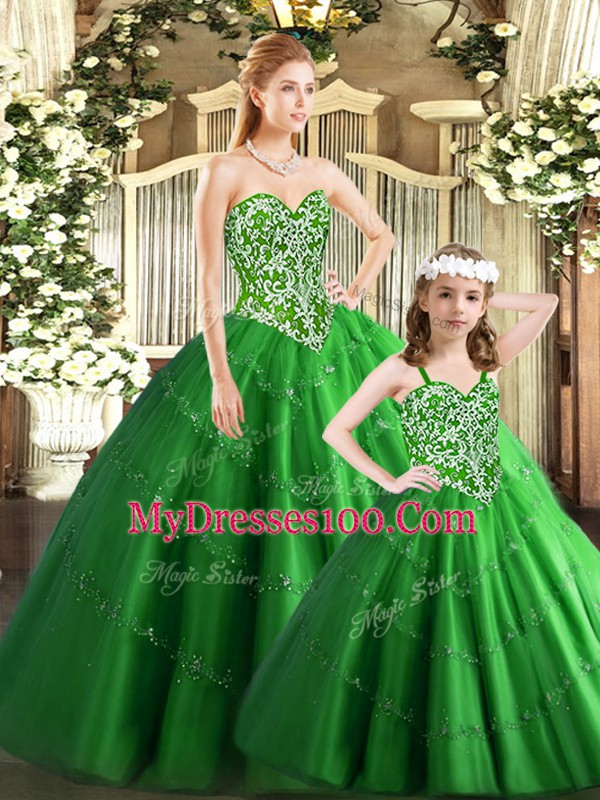 Stunning Sleeveless Floor Length Beading Lace Up Sweet 16 Dresses with Green