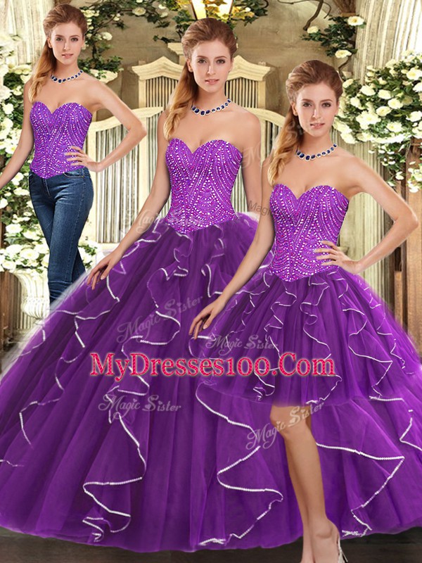 Sweetheart Sleeveless Lace Up 15 Quinceanera Dress Eggplant Purple Organza