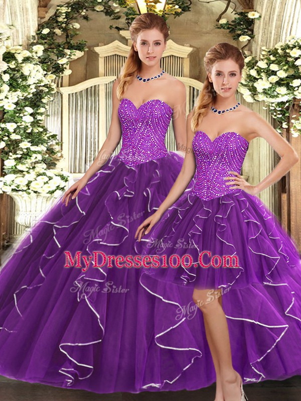 Sweetheart Sleeveless Lace Up 15 Quinceanera Dress Eggplant Purple Organza