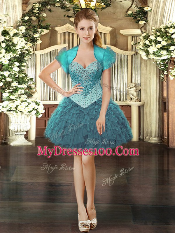 Chic Sleeveless Mini Length Beading and Ruffles Lace Up Prom Gown with Teal