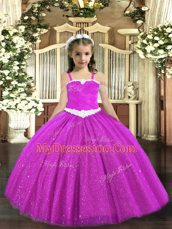 Affordable Fuchsia Ball Gowns Tulle Straps Sleeveless Appliques Floor Length Zipper Little Girl Pageant Dress