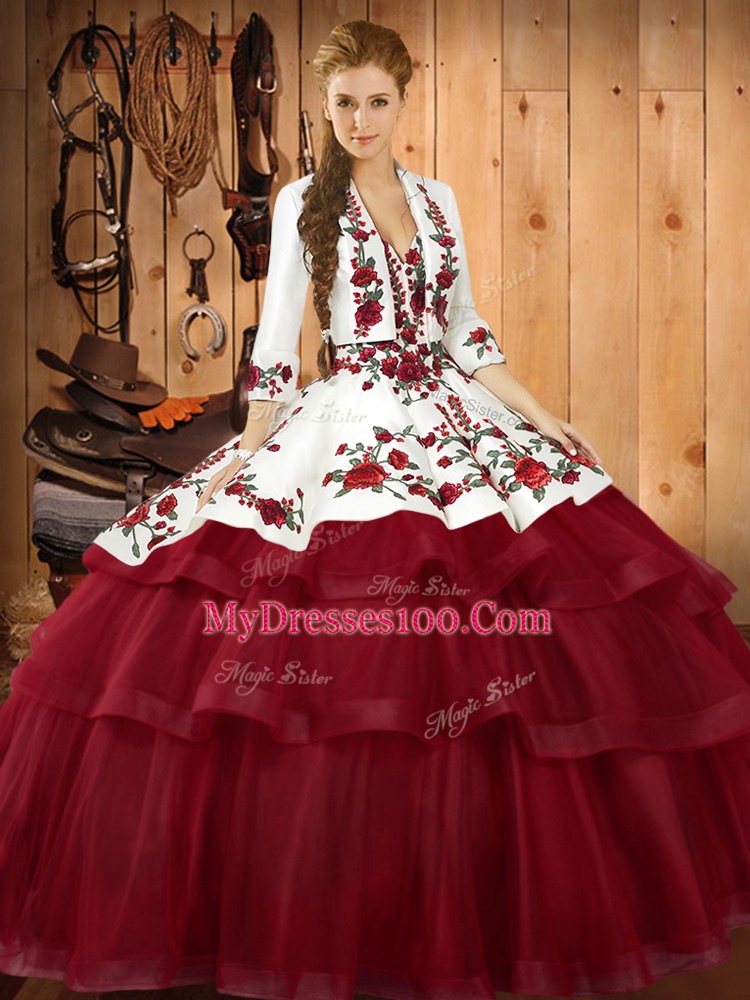 Wine Red Lace Up Sweetheart Embroidery 15th Birthday Dress Organza Sleeveless Sweep Train