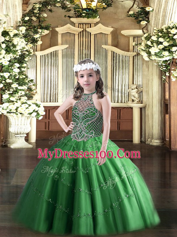 Discount Floor Length Green Little Girls Pageant Gowns Tulle Sleeveless Beading