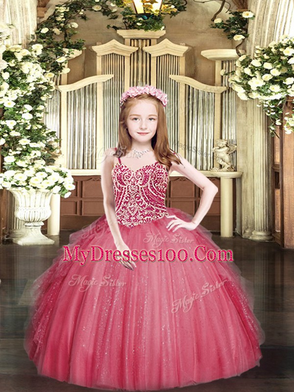 Spaghetti Straps Sleeveless Little Girls Pageant Dress Floor Length Beading and Ruffles Coral Red Tulle
