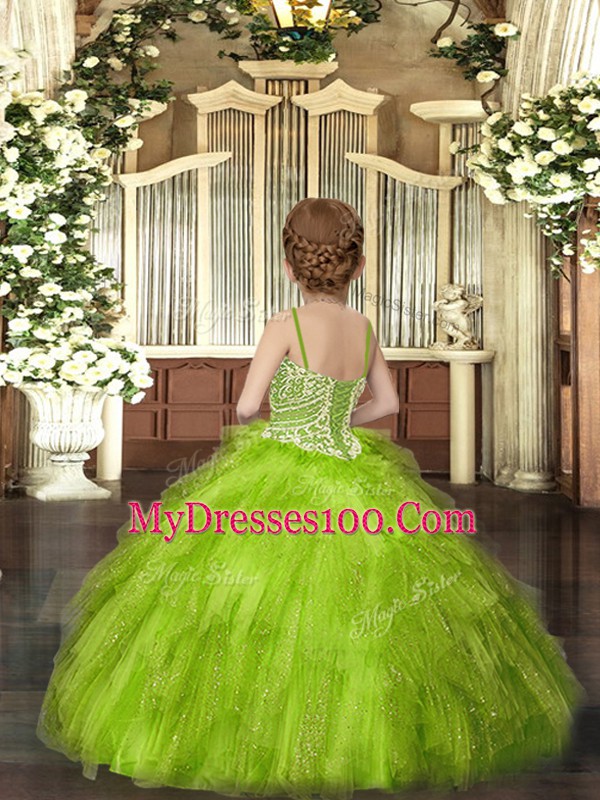 Spaghetti Straps Sleeveless Little Girls Pageant Dress Floor Length Beading and Ruffles Coral Red Tulle