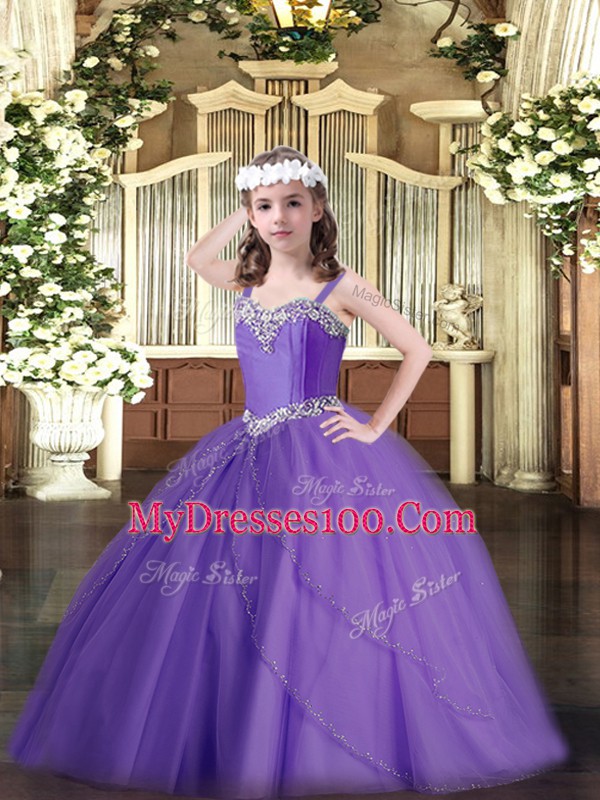 Lavender Girls Pageant Dresses Straps Sleeveless Sweep Train Lace Up