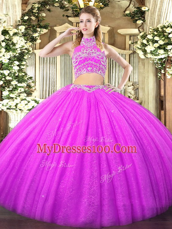 High-neck Sleeveless Tulle Quince Ball Gowns Beading Backless