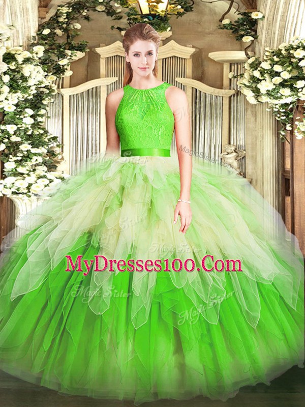 Fashion Multi-color Ball Gowns Scoop Sleeveless Organza Floor Length Zipper Lace and Ruffles Sweet 16 Dresses