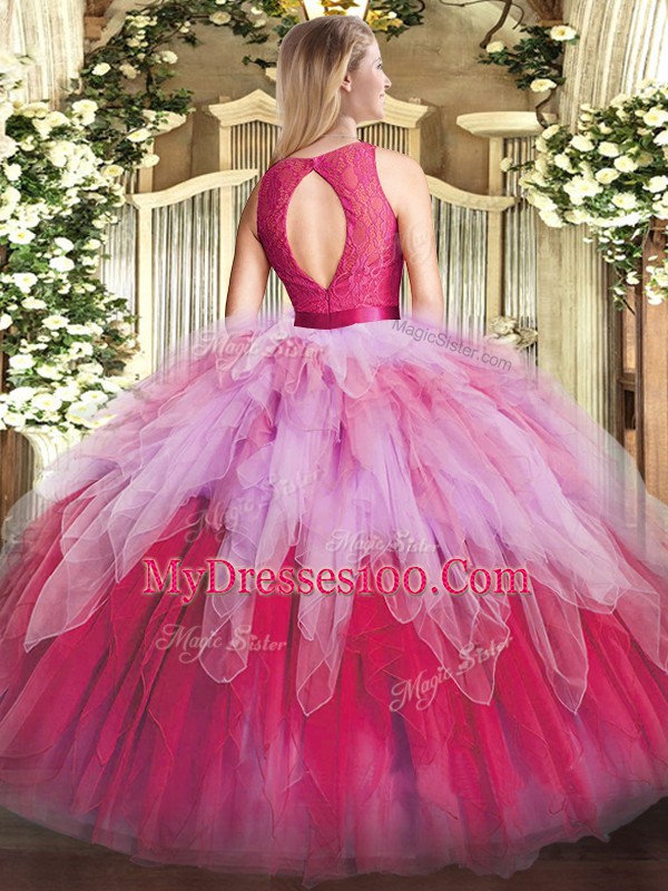 Fashion Multi-color Ball Gowns Scoop Sleeveless Organza Floor Length Zipper Lace and Ruffles Sweet 16 Dresses