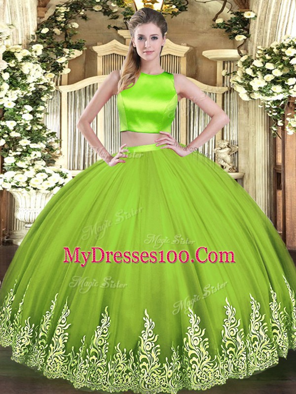 Low Price Two Pieces Quinceanera Dresses Yellow Green High-neck Tulle Sleeveless Floor Length Criss Cross