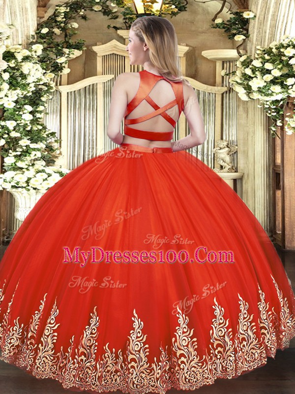 Low Price Two Pieces Quinceanera Dresses Yellow Green High-neck Tulle Sleeveless Floor Length Criss Cross