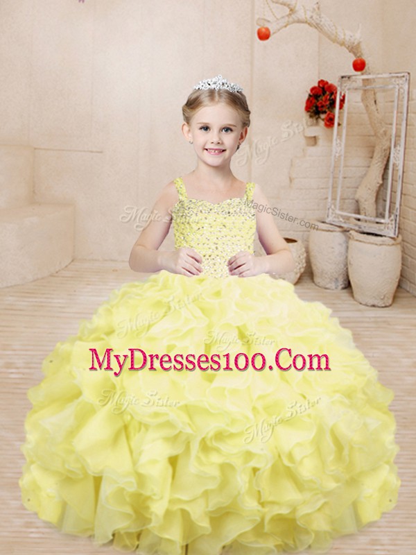 Light Yellow Sleeveless Floor Length Beading and Ruffles Lace Up Child Pageant Dress