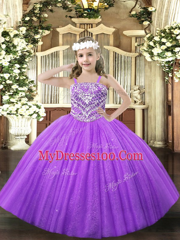 Lavender Little Girls Pageant Dress Party and Quinceanera with Beading Straps Sleeveless Lace Up