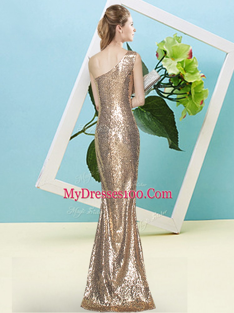 Amazing Sleeveless Floor Length Sequins Zipper Prom Gown with Gold