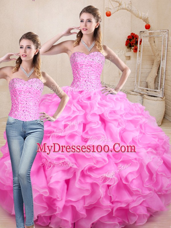 Hot Selling Beading and Ruffles Quinceanera Gowns Rose Pink Lace Up Sleeveless Floor Length
