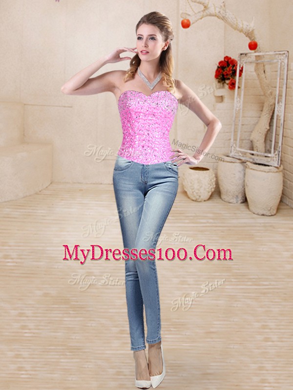 Hot Selling Beading and Ruffles Quinceanera Gowns Rose Pink Lace Up Sleeveless Floor Length