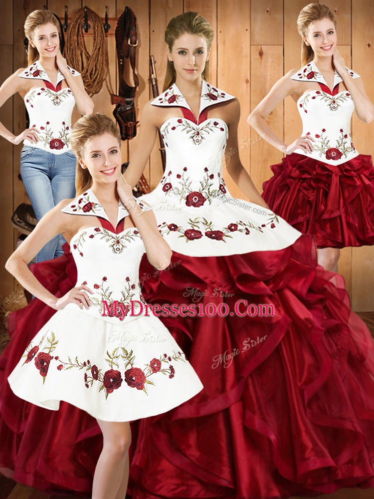 Embroidery and Ruffles Sweet 16 Quinceanera Dress Wine Red Lace Up Sleeveless Floor Length