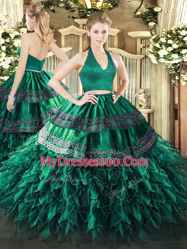Graceful Dark Green Vestidos de Quinceanera Military Ball and Sweet 16 and Quinceanera with Appliques and Ruffles Halter Top Sleeveless Zipper