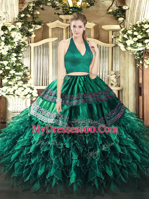 Graceful Dark Green Vestidos de Quinceanera Military Ball and Sweet 16 and Quinceanera with Appliques and Ruffles Halter Top Sleeveless Zipper