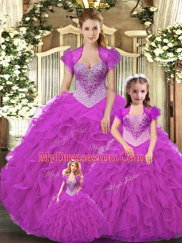 Fancy Straps Sleeveless Sweet 16 Dress Floor Length Beading and Ruffles Fuchsia Tulle