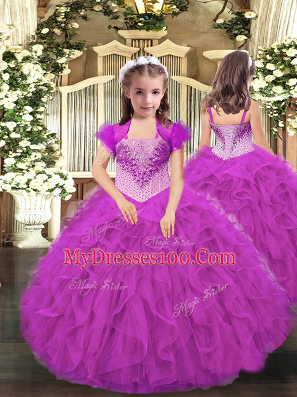 Fancy Straps Sleeveless Sweet 16 Dress Floor Length Beading and Ruffles Fuchsia Tulle