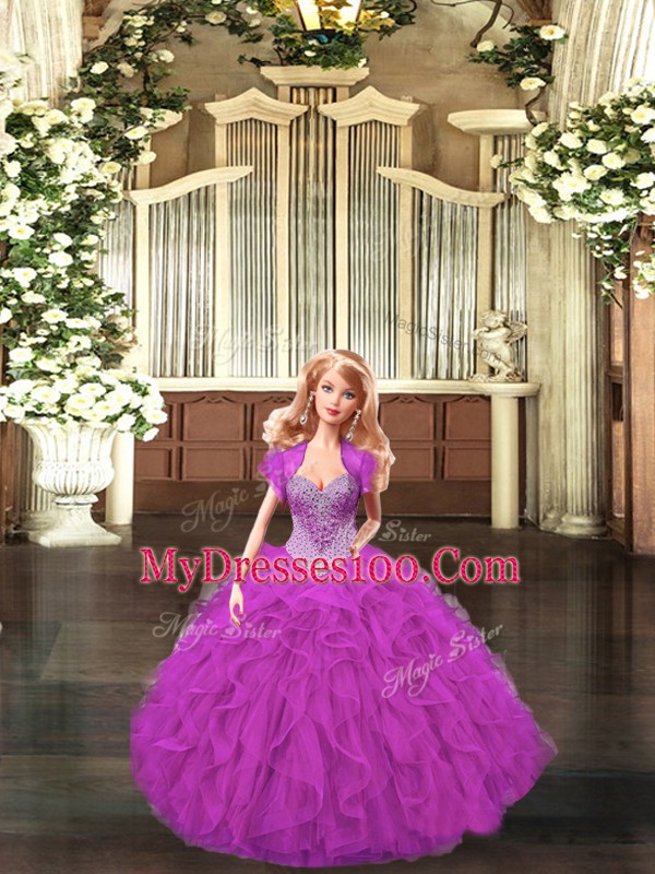 Fancy Straps Sleeveless Sweet 16 Dress Floor Length Beading and Ruffles Fuchsia Tulle