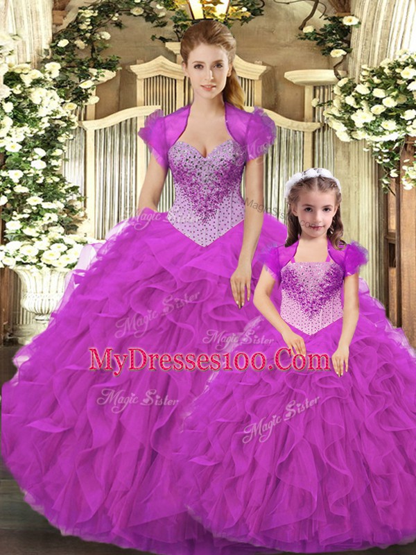 Fancy Straps Sleeveless Sweet 16 Dress Floor Length Beading and Ruffles Fuchsia Tulle
