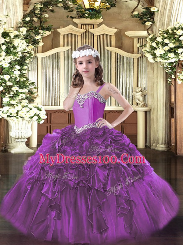 Fashion Fuchsia Lace Up Straps Beading and Ruffles Kids Pageant Dress Organza Sleeveless