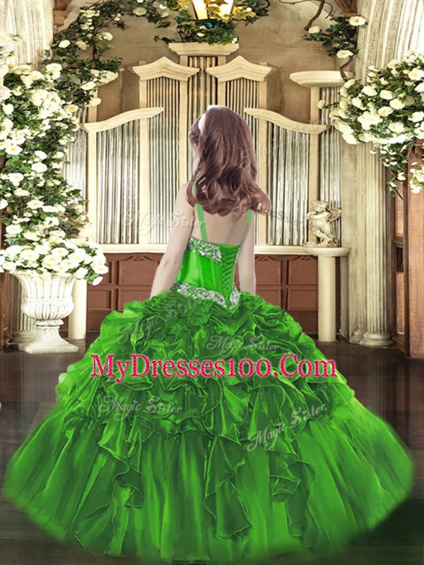 Fashion Fuchsia Lace Up Straps Beading and Ruffles Kids Pageant Dress Organza Sleeveless