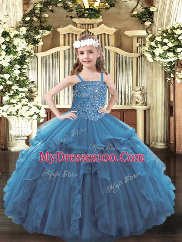 Ball Gowns Pageant Gowns Teal Straps Tulle Sleeveless Floor Length Lace Up