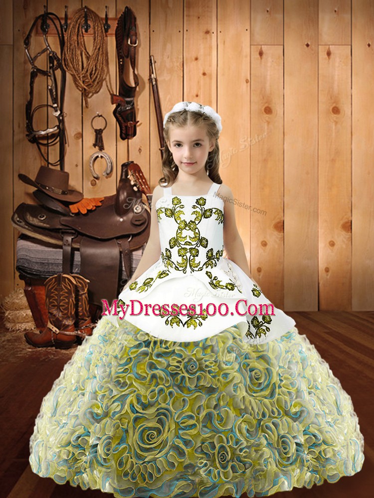 Custom Designed Sleeveless Lace Up Floor Length Embroidery Little Girls Pageant Gowns