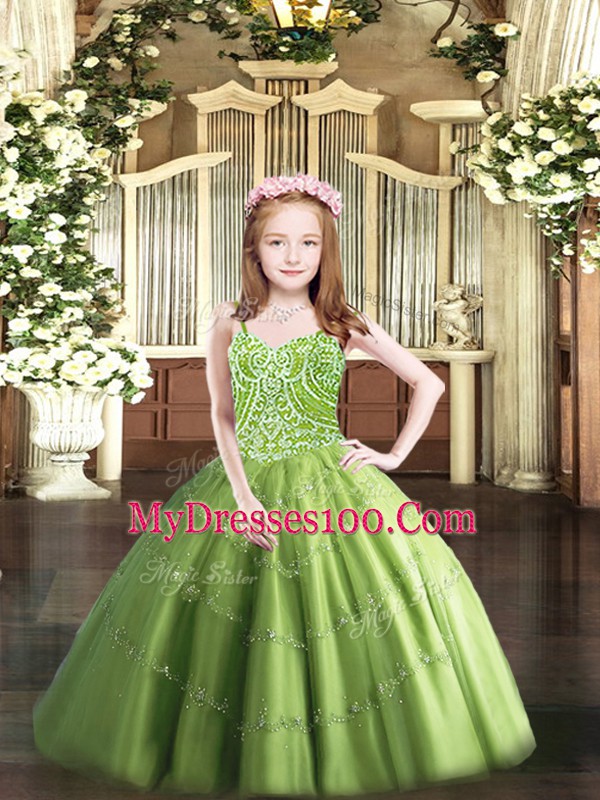 Admirable Olive Green Ball Gowns Straps Sleeveless Tulle Floor Length Lace Up Beading Girls Pageant Dresses