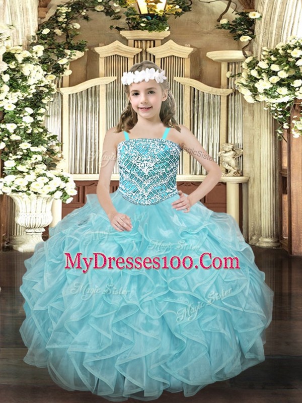 Light Blue Sleeveless Organza Lace Up Little Girls Pageant Dress for Party and Quinceanera