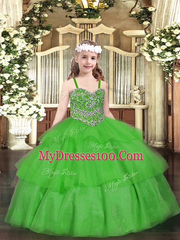 Green Organza Lace Up Straps Sleeveless Floor Length Pageant Dress for Teens Beading and Ruffled Layers