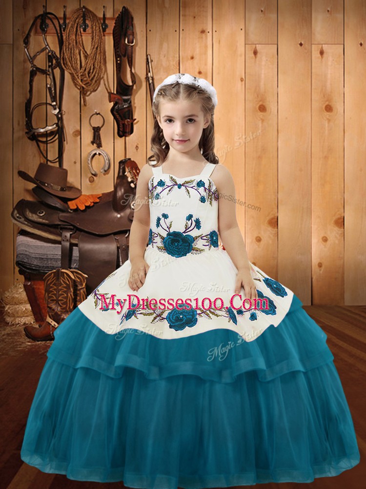 Graceful Sleeveless Lace Up Floor Length Embroidery and Ruffled Layers Girls Pageant Dresses