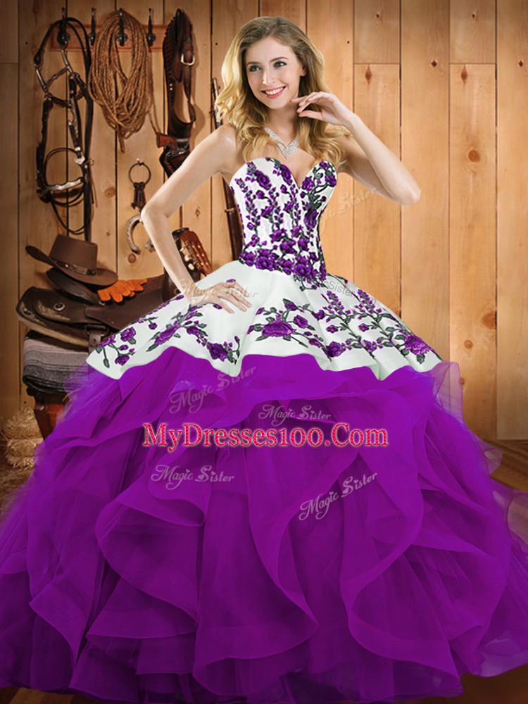 Chic Sleeveless Floor Length Embroidery and Ruffles Lace Up 15 Quinceanera Dress with Eggplant Purple